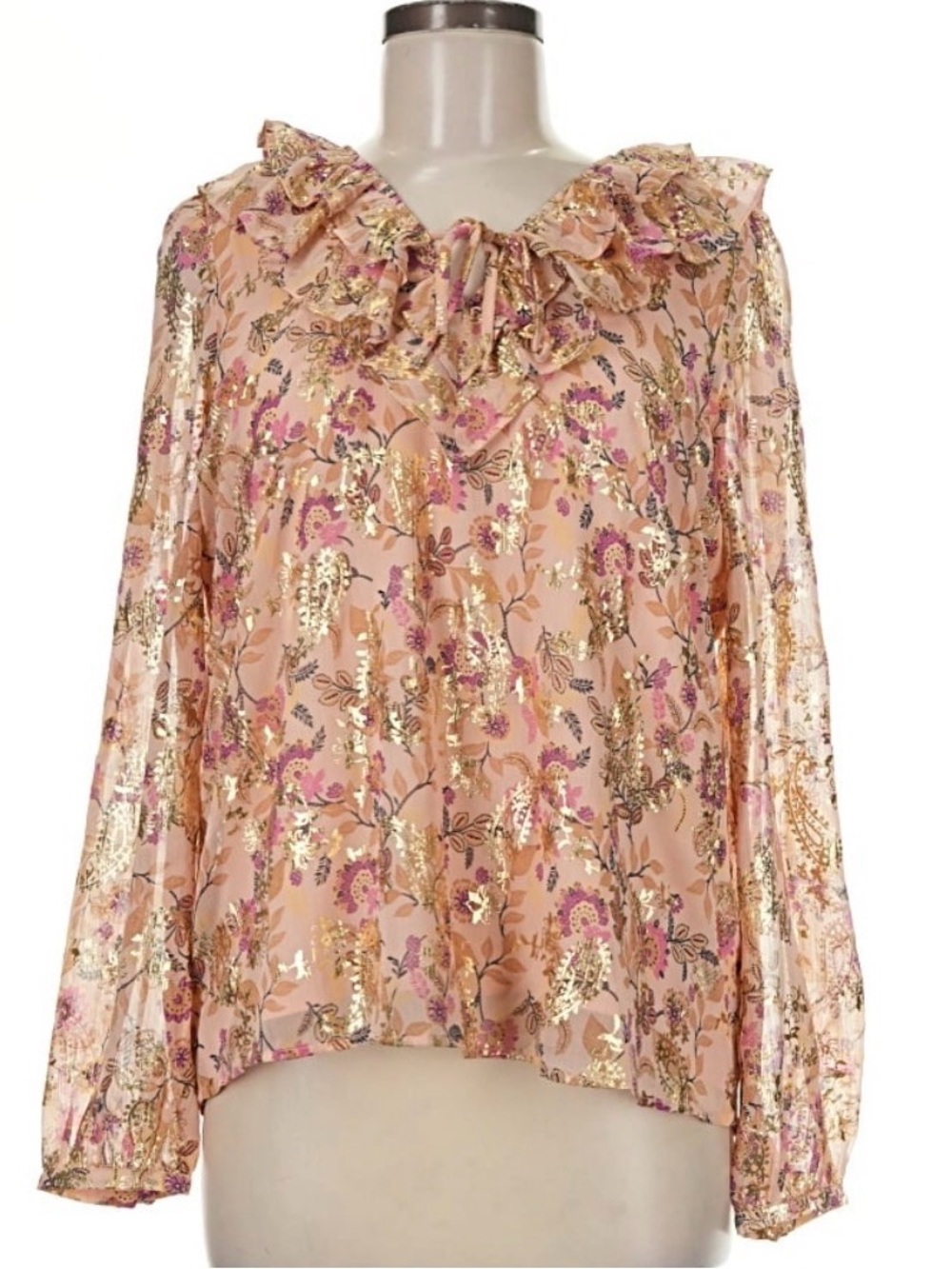LOFT Gold Foil Pink Floral Ruffle Blouse